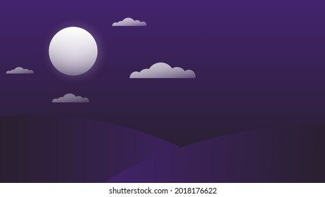 night landscape scene background. dark sky with shiny full moon and white cloud and hills with copy space. vector illustration