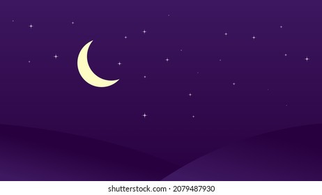 night landscape scene with crescent moon and shiny stars in dark sky background