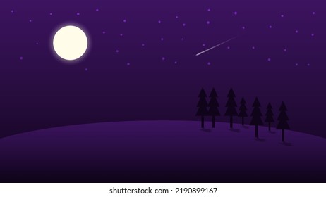 Nachtlandschaft mit Vollmond und glänzenden Sternen auf dunklem Hintergrund
