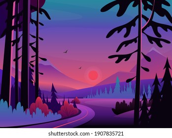 Night Landscape Scene Vector Illustration. Cartoon Midnight Neon Dark Nature Scenery With Black Silhouettes Of Forest Pine Trees, Road To Mountains On Horizon And Evening Sky Panorama Background