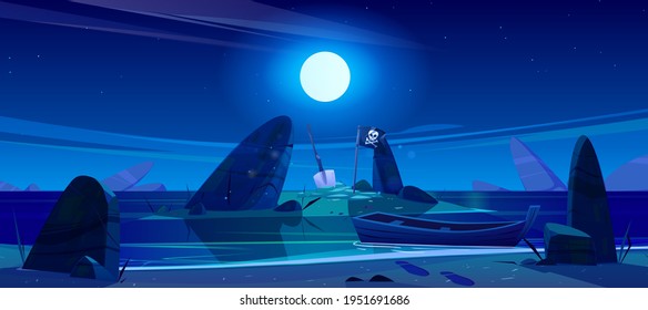 Night landscape of sea beach, boat and island in water with pirate flag and shovel. Vector cartoon illustration of ocean shore with wooden ship, black flag with skull, stones and moon in sky