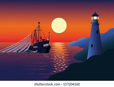 Night landscape with the sea by a fishing vessel and a beacon.