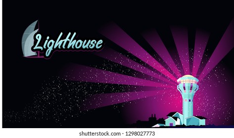 night landscape, sea rocky coast, tall building, the lighthouse gives a light signal, illuminates the path and warns the rays of the danger, in black and crimson colors