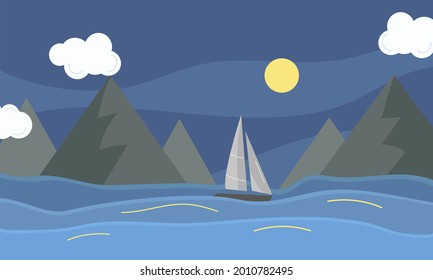 Night landscape with sea, sailboat and mountain. Cartoon vector illustration