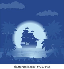 Night landscape of the sea in the tropics. Vector illustration, a flat style design.