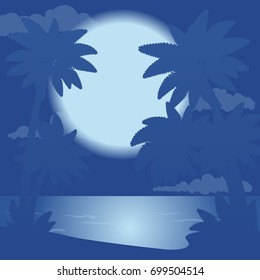 Night landscape of the sea in the tropics. Vector illustration, a flat style design.