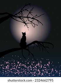 Night landscape, silhouette of a black cat on a tree and the moon on an abstract starry background. Poster, Illustration, wallpaper, vector	
