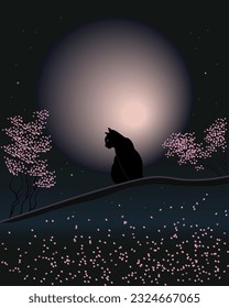 Night landscape, silhouette of a black cat on a tree and the moon on an abstract starry background. Poster, Illustration, wallpaper, vector	
