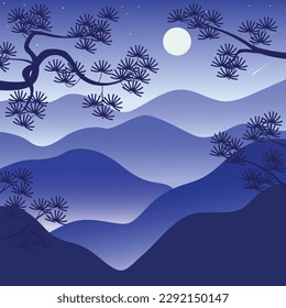 Paisaje nocturno con silueta de montañas nigrosas, luna llena y ramas de pino coreano. Fondo natural con una escena oriental. Ilustración plana vectorial.