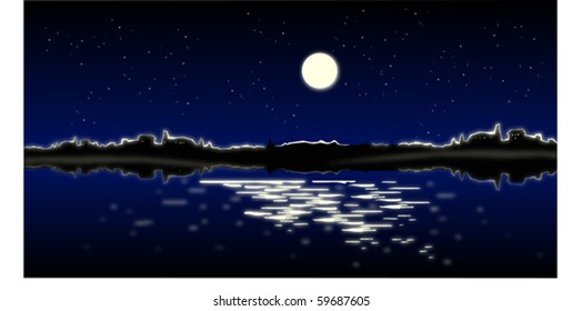Night landscape with silhouettes of buildings and reflection in water