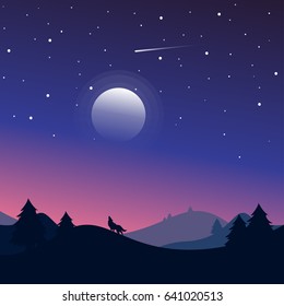 Night Landscape with silhouettes of hills, wolf, forest and beautiful night sky with stars and the moon.