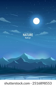 Paisaje nocturno. Siluetas de cordilleras y colinas al atardecer. Luna llena, estrellas y nubes en un cielo oscuro. El concepto de turismo, senderismo, viajes, Ocio en la naturaleza. Imagen de Vector.