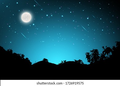 Night landscape with silhouettes of mountains and sky with stars and fullmoon, Starry night sky background.  blue sky with shinning stars, vector illustration