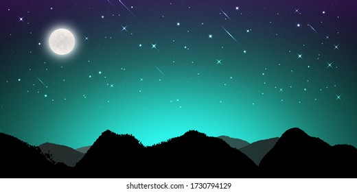 Night landscape with silhouettes of mountains and sky with stars and fullmoon, Starry night sky background.  blue sky with shinning stars, vector illustration