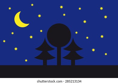 Night landscape with silhouettes of trees - vector illustration