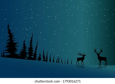 Paisaje nocturno con vector de nieve. Árbol de silueta y animales. Diseño plano. 