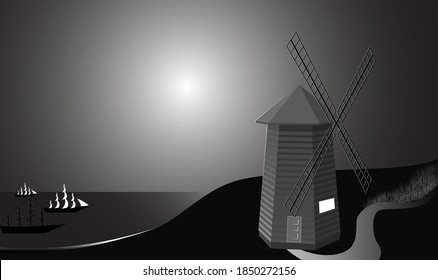 Night landscape of the southern night with a windmill sailboats on the roadstead and moonlight. Vector illustration in black and white.