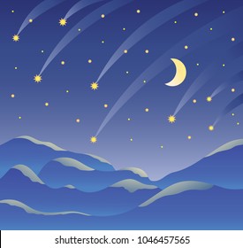 Night landscape, starry dark sky, moon and falling stars, mountain landscape. Vector illustration