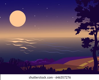 Night landscape. Starry sky above the river. Silhouettes of the trees. Vector background