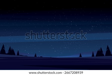 Night landscape with starry sky. In the background, you can see a dark sky with stars and a horizontal strip of lighter shade. In the foreground, there is a silhouette of trees.