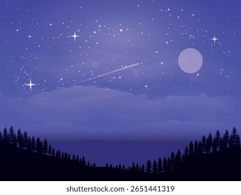 A night landscape with a starry sky, a bright moon, numerous stars and a meteor trail. In the lower part, you can see the silhouette of forest trees against the background of hills and light clouds