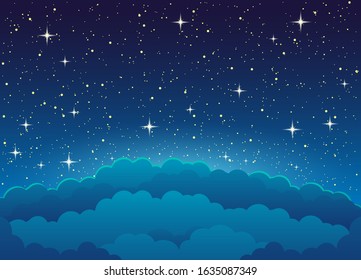 Night landscape with starry sky and clouds.