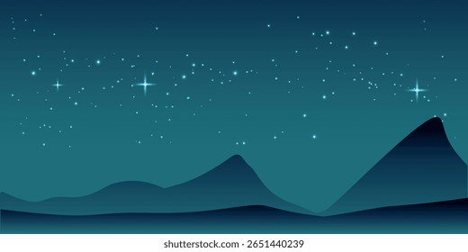a night landscape with a starry sky. In the foreground, you can see the silhouette of mountain peaks and a wavy horizon. The sky is filled with bright stars, some of which have clearly defined rays.

