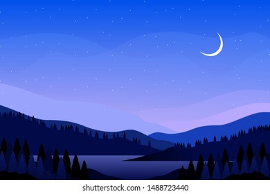 Night landscape with starry night sky illustration