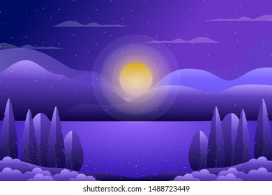 Night landscape with starry night sky illustration