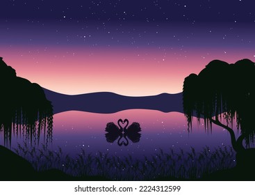 Night landscape. Starry sky. Lake surrounded by hills, reeds and willows. A couple of swans on the lake. Swans silhouettes. Swans in love, together at night on the lake.  Late evening after sunset.