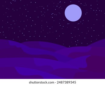 Night landscape with starry sky and moon, wavy desert landscape. Night view of the desert with stars in the sky. Design for banner, poster and cover printing. Vector illustration