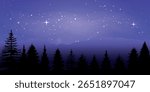 A night landscape with a starry sky, a new moon, numerous stars and a meteorite trail. In the lower part you can see the silhouette of forest trees against the background of hills and light clouds

