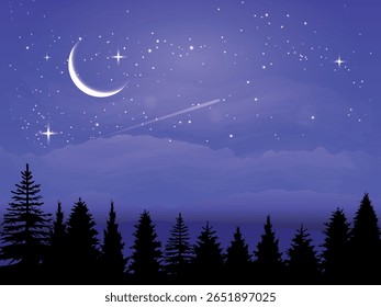A night landscape with a starry sky, a new moon, numerous stars and a meteorite trail. In the lower part you can see the silhouette of forest trees against the background of hills and light clouds

