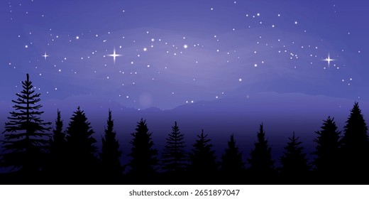 A night landscape with a starry sky, a new moon, numerous stars and a meteorite trail. In the lower part you can see the silhouette of forest trees against the background of hills and light clouds

