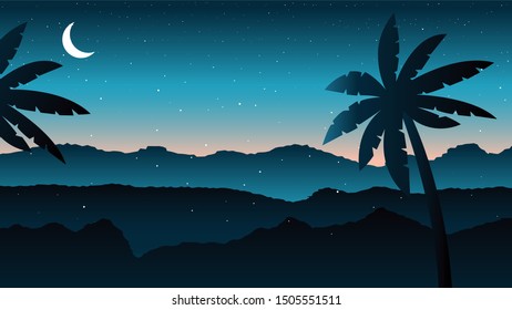 Night landscape with starry sky and shooting stars Vector