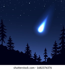 Night landscape with starry sky, silhouettes of trees and falling meteorite.  Simple background with bright flash celestial body. Big asteroid passes close to the earth. Vector flat illustration.