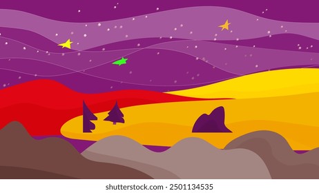 Night landscape steppe with hills, vector background