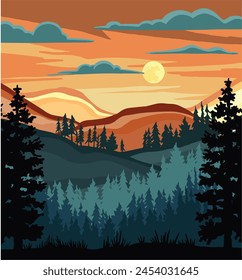 Night landscape with sunset, pine forest. linear vector illustration colored