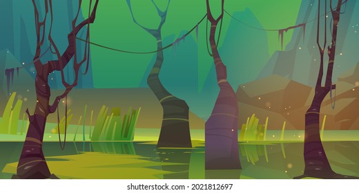 Night landscape with swamp and mountains