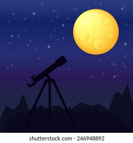 night landscape with a telescope in the foreground and the silhouette of the mountains, moon and stars