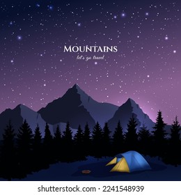 Night landscape. Tent, bonfire, forest, mountains on the background of the starry sky. Vector illustration for banner, cover, background. Summer camp, camping, outdoor recreation, tourist design.