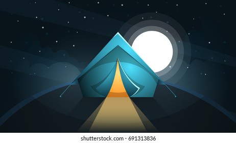 Night landscape. Tent and moon. Vector eps 10