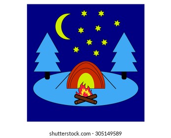 Night landscape with a tent on the background of night sky.