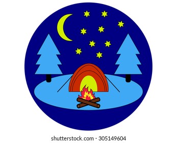 Night landscape with a tent on the background of night sky.