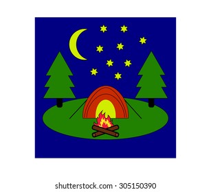 Night landscape with a tent on the background of night sky.