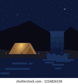 Night landscape with tents, mountains and waterfall. Vector illustration.
