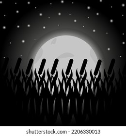 A night landscape with thickets of reeds, a large moon and bright stars in a dark sky. The moon with craters glows over the reed field.