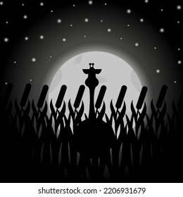 A night landscape with thickets of reeds, a large moon, giraffe silhouette and bright stars in a dark sky. Halloween concept.