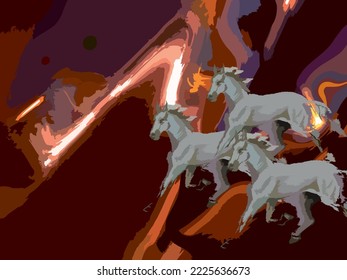 Night landscape with three running gray horses. Abstract background with glow effect for interior solutions, covers, fashion, fabrics, decorative compositions, business concepts, posters, etc. 