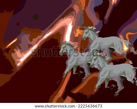 Night landscape with three running gray horses. Abstract background with glow effect for interior solutions, covers, fashion, fabrics, decorative compositions, business concepts, posters, etc. 